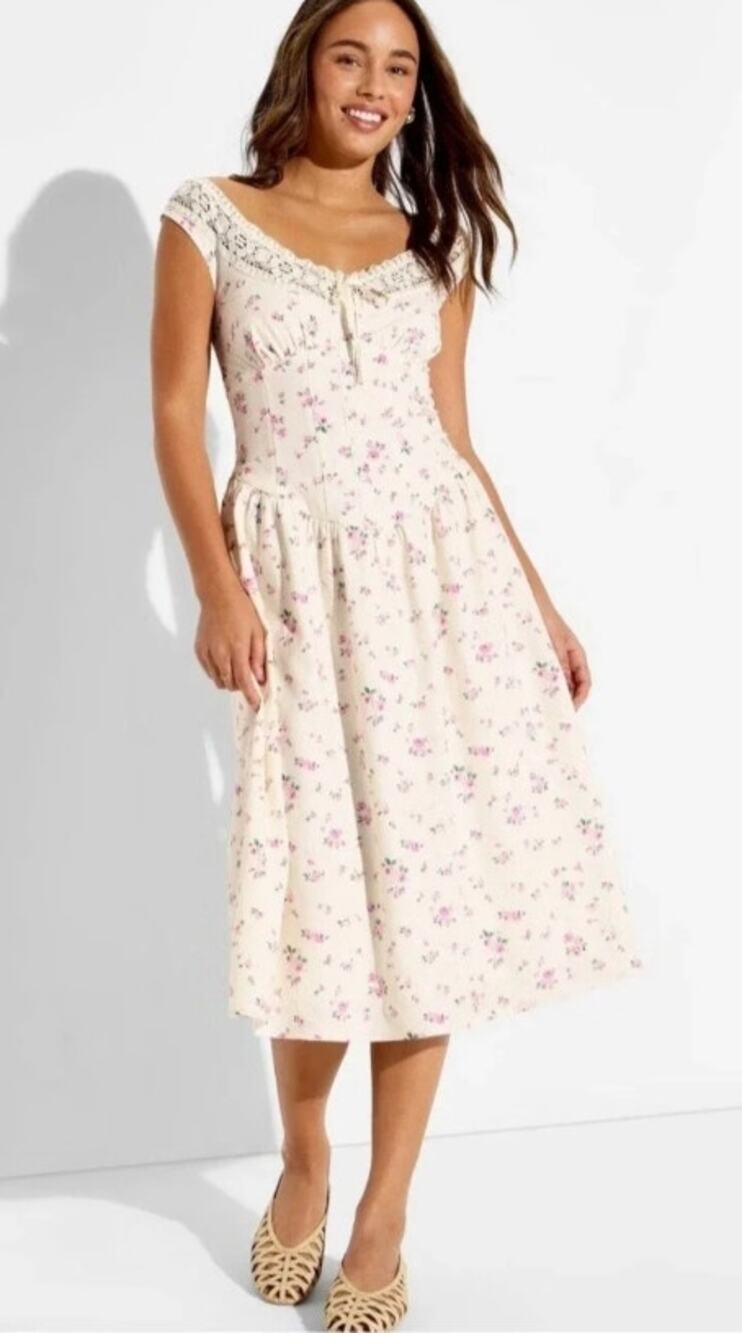 Wild Fabler Off-White Floral Women's Button-Front Lace Midi Dress - XXS